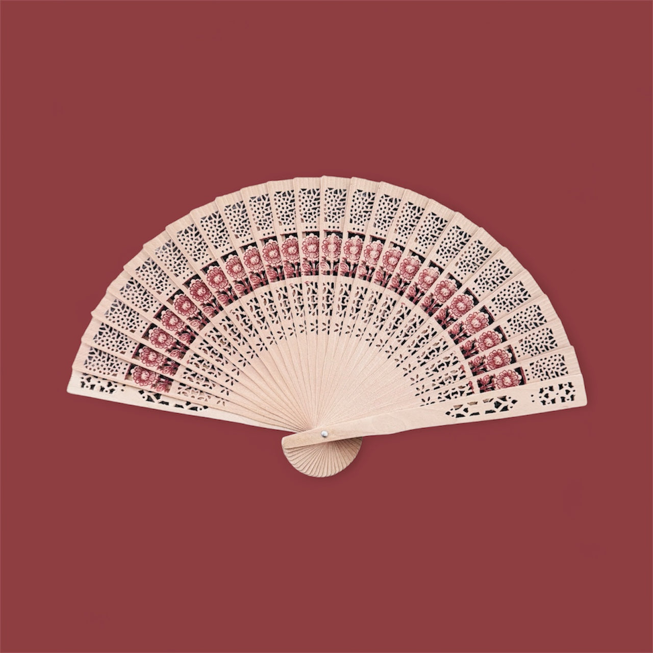Elegant Wooden Hand Fan with Floral Carving – Vintage Folding Fan for Weddings & Events