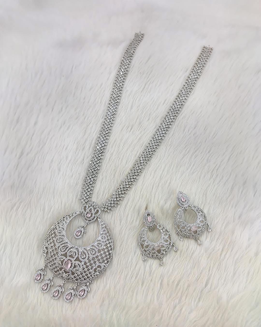 Silver-Tone Crystal Bridal Necklace & Chandelier Earrings Set – Statement Oval Filigree Design